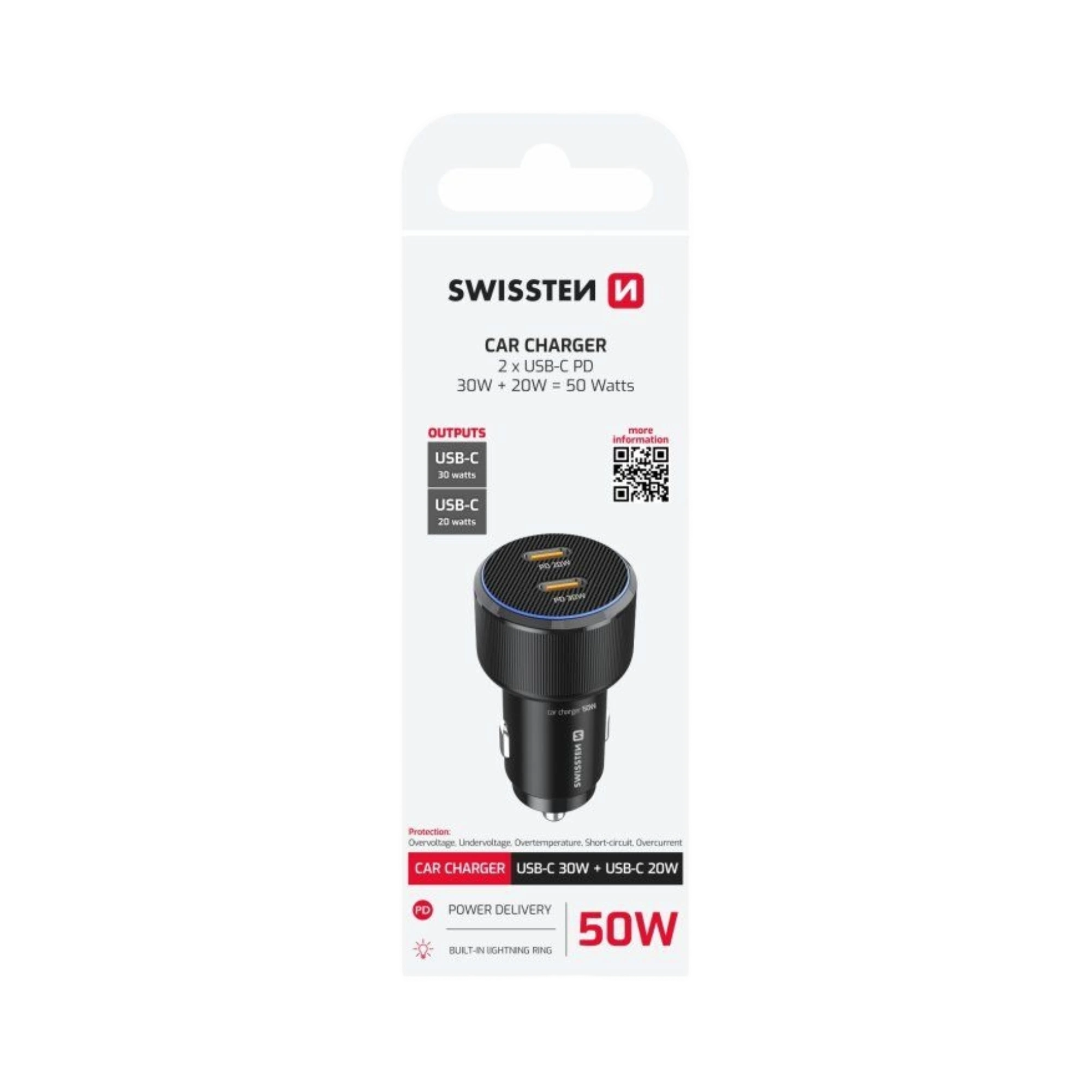 Karikues ne veturë 2x USB-C PD, 50W SWISSTEN
